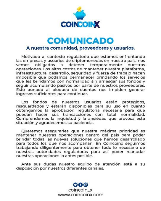Comunicado de CoinCoinX Abril 2023 (Suspensión de Operaciones) 1 Comunicado de CoinCoinX Abril 2023